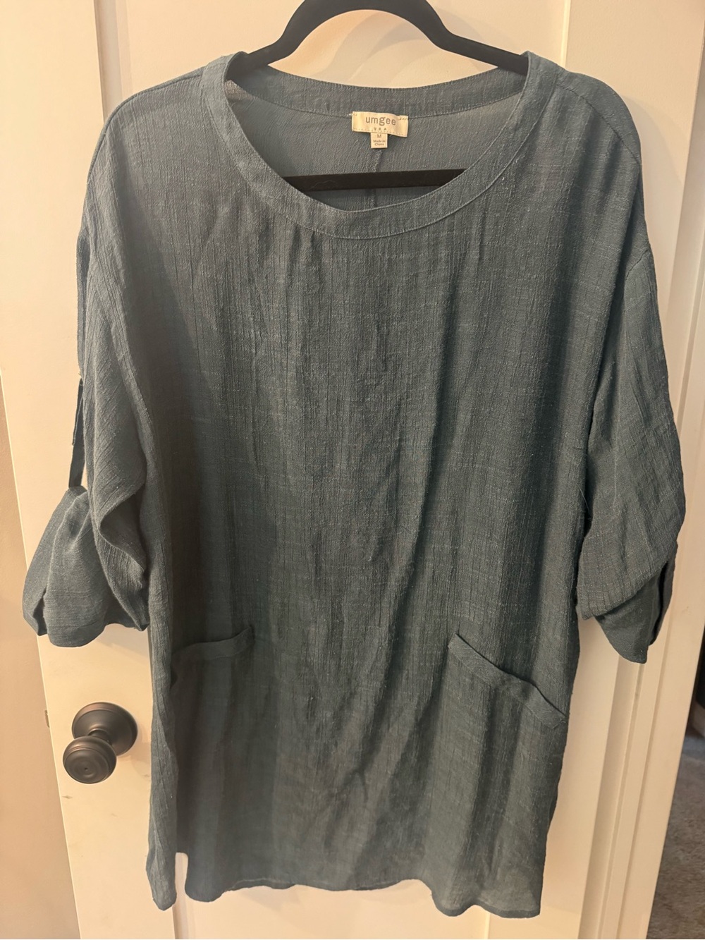 Umgee Women's Slate Blue Linen Blend Faux Pocket Tunic